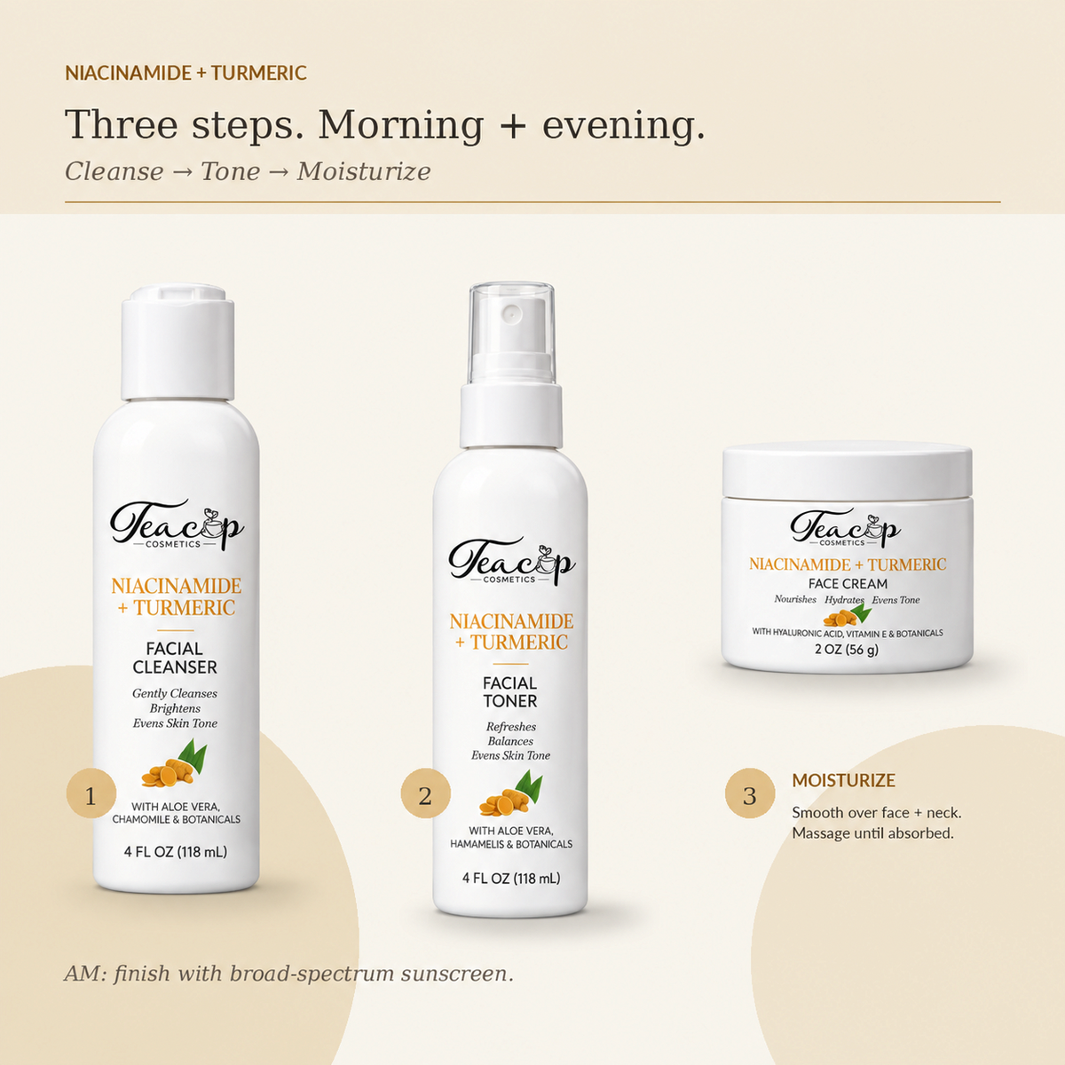 Niacinamide + Turmeric three-step routine: cleanse, tone, moisturize