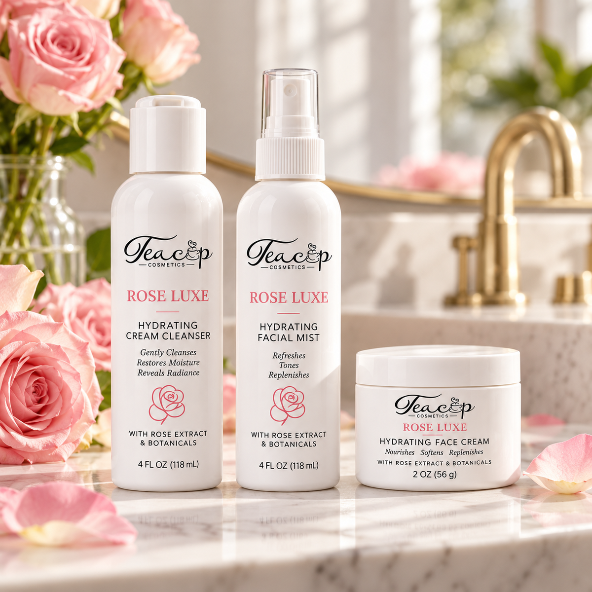 Rose Luxe Hydration Set in a premium vanity setting