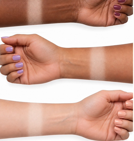 Finishing Veil Loose Powder shade 100 Light shown sheer on dark, tan, and light skin
