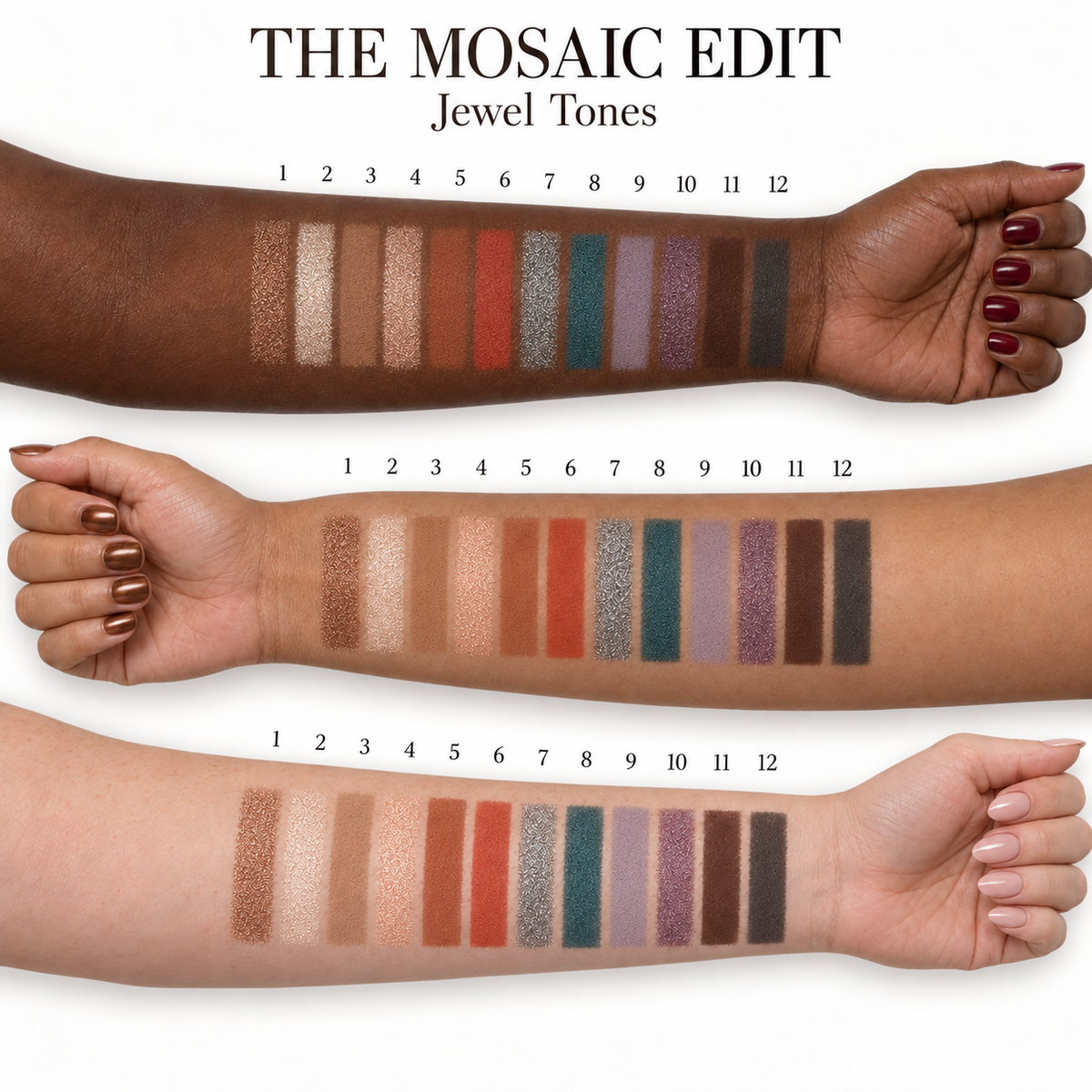 The Mosaic Edit Jewel Tones — all 12 eyeshadow shades on each of three skin tones