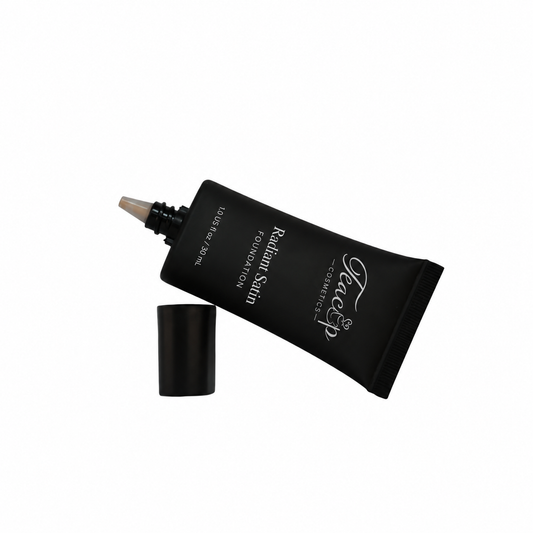 Teacup Cosmetics Radiant Satin Foundation, alternate front view resting on cap