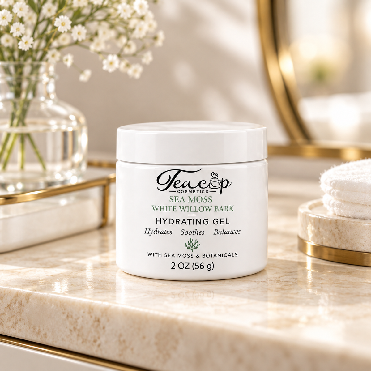Teacup Cosmetics Sea Moss + White Willow Bark Hydrating Gel on an elegant vanity