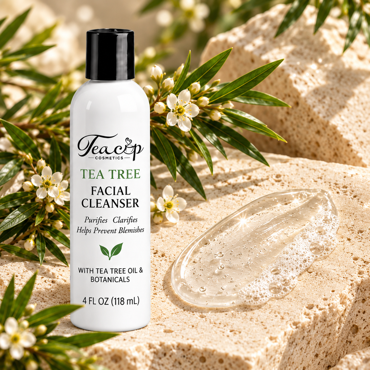 Teacup Cosmetics Tea Tree Facial Cleanser with clear gel texture and tea tree botanicals