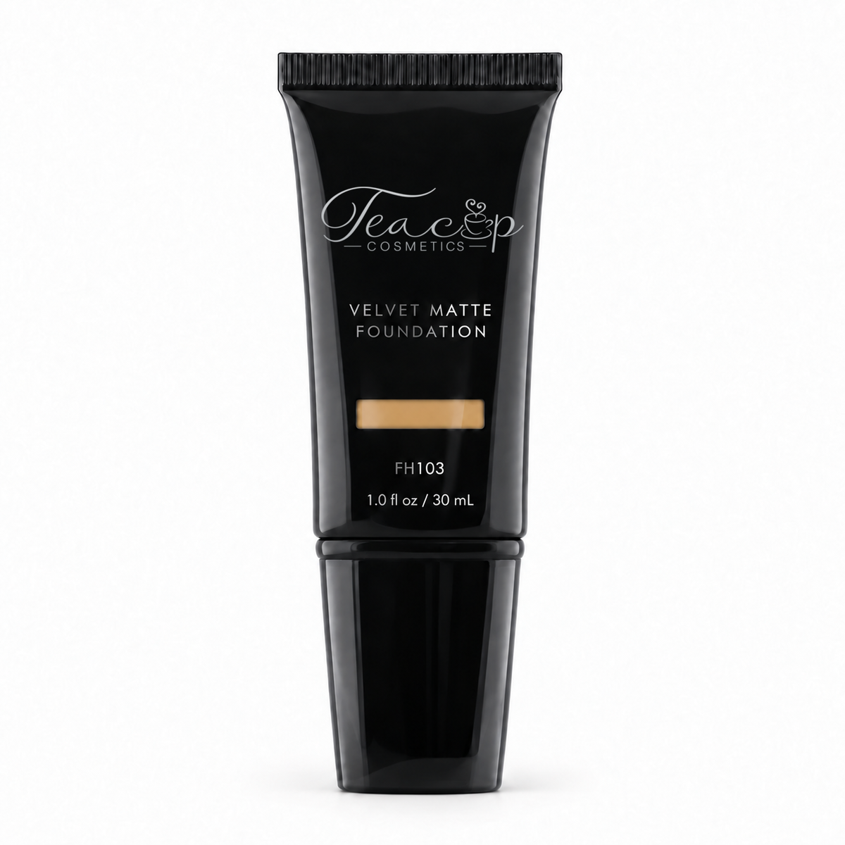 Teacup Cosmetics Velvet Matte Foundation 103 in black pump tube with shade window, 30 mL