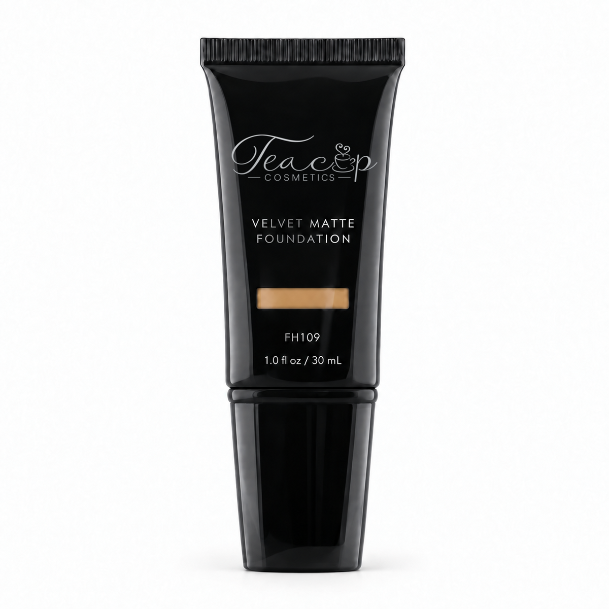 Teacup Cosmetics Velvet Matte Foundation 109 in black pump tube with shade window, 30 mL