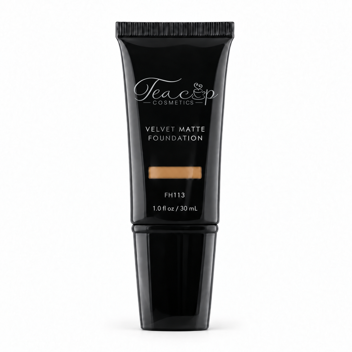 Teacup Cosmetics Velvet Matte Foundation 113 in black pump tube with shade window, 30 mL