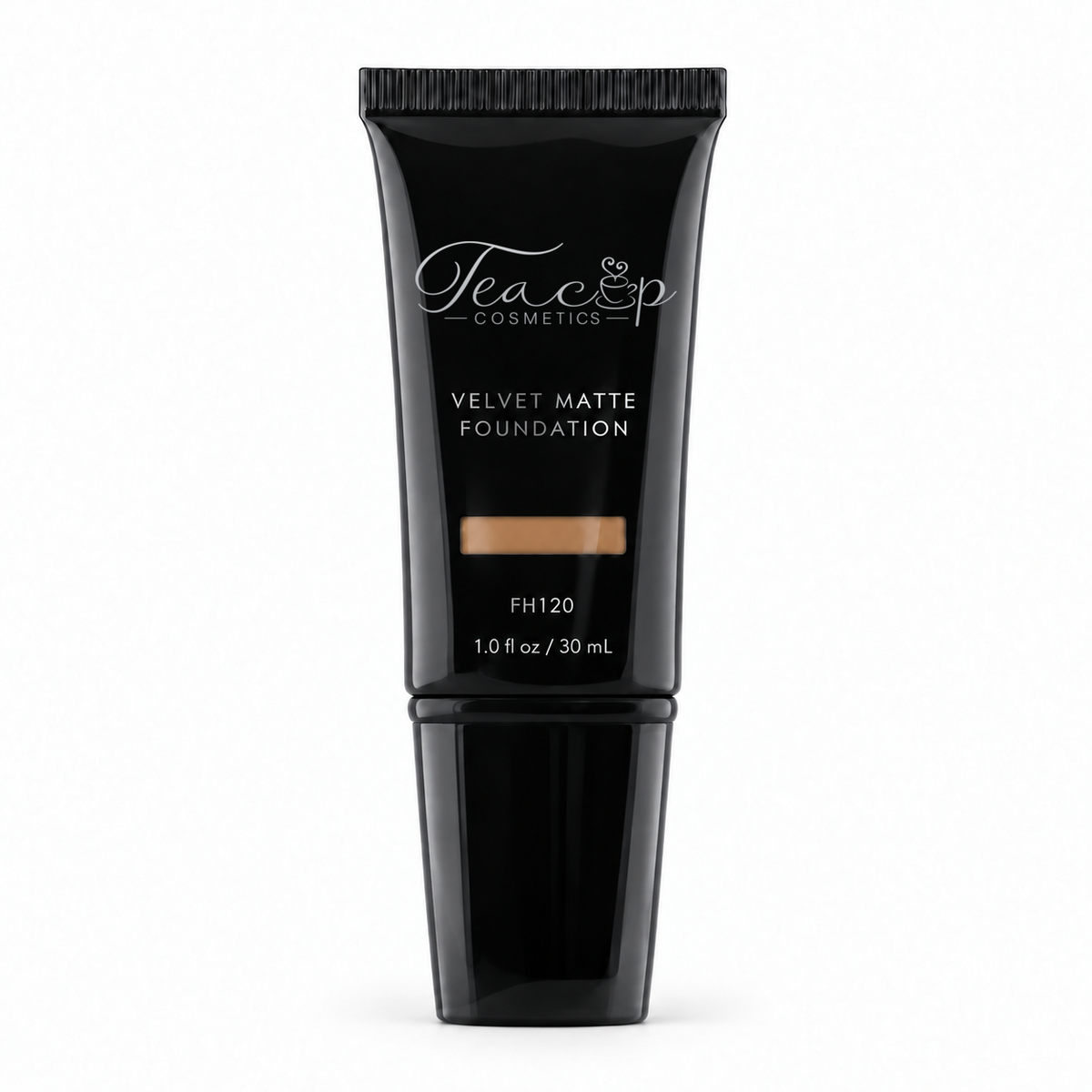 Teacup Cosmetics Velvet Matte Foundation 120 in black pump tube with shade window, 30 mL