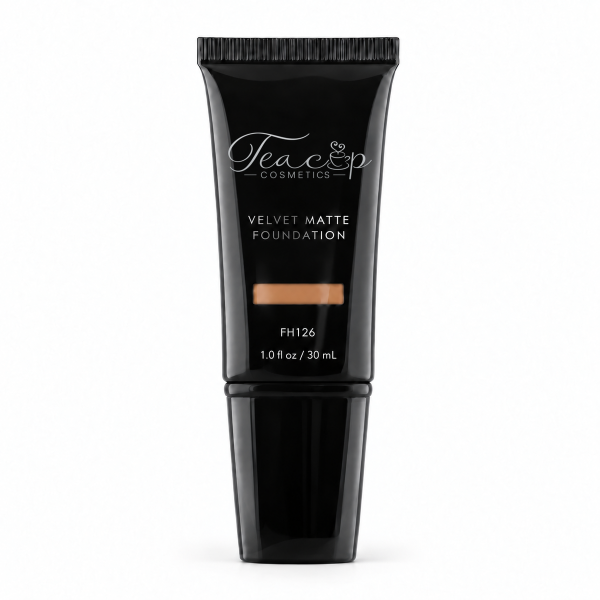 Teacup Cosmetics Velvet Matte Foundation 126 in black pump tube with shade window, 30 mL