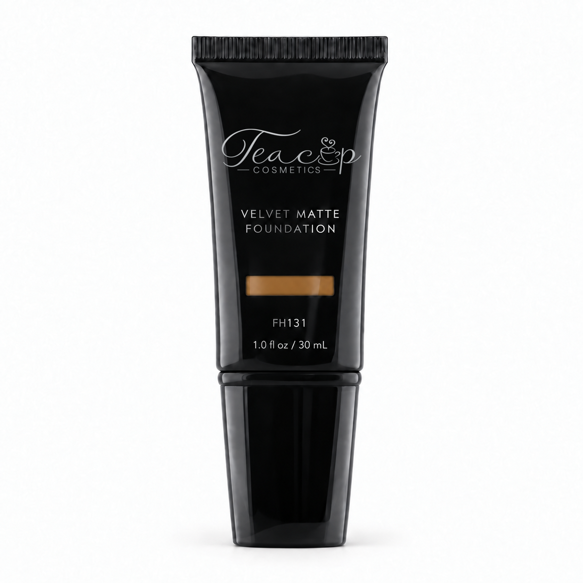 Teacup Cosmetics Velvet Matte Foundation 131 in black pump tube with shade window, 30 mL