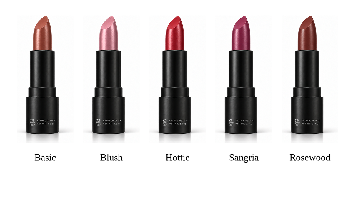 Teacup Satin Lipstick shades Basic, Hottie, Sangria, Blush, and Rosewood