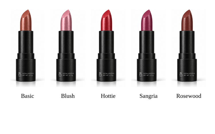 Teacup Satin Lipstick shades Basic, Hottie, Sangria, Blush, and Rosewood