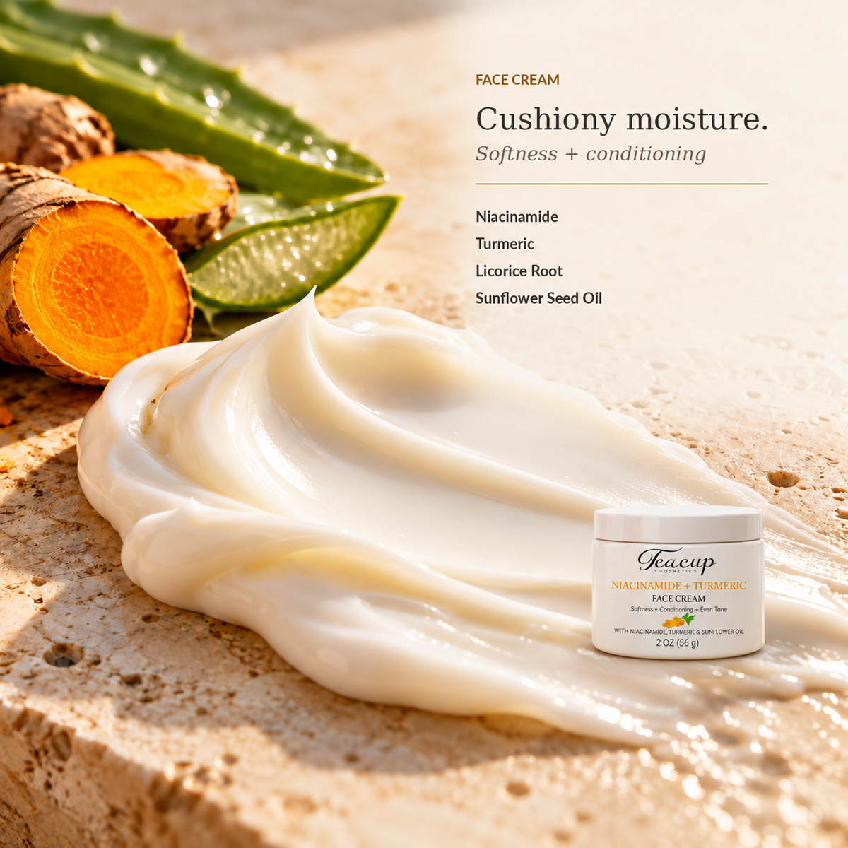 Niacinamide + Turmeric Face Cream texture with key ingredients
