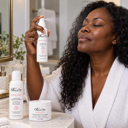 Mature Black woman using Rose Luxe Hydrating Facial Mist