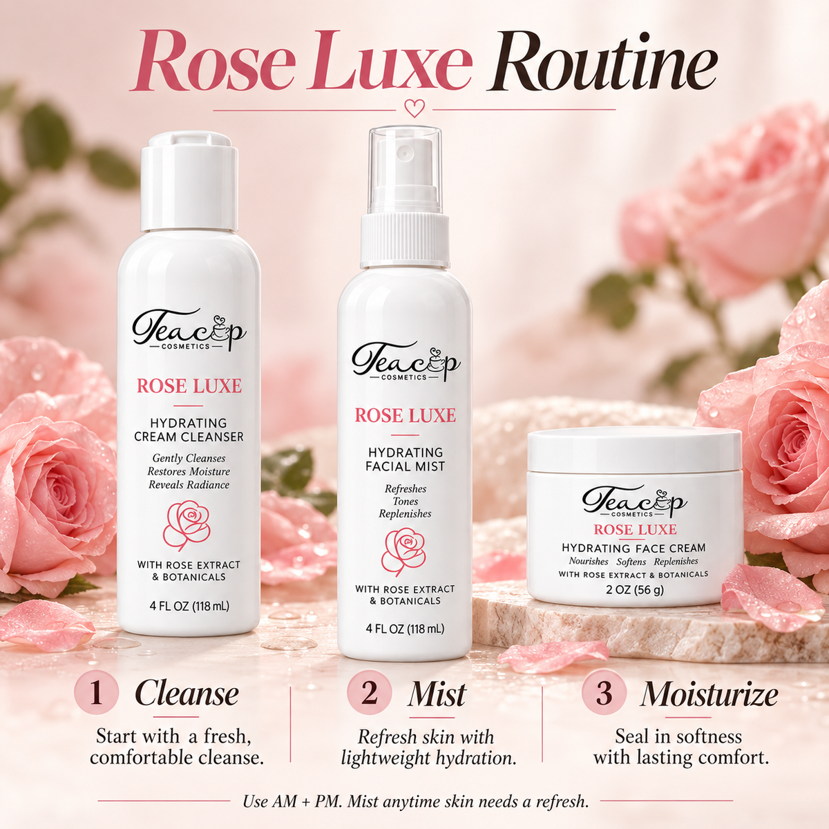 Rose Luxe 3-step routine: cleanse, mist, moisturize
