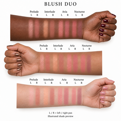 Blush Duo illustrated sheer powder swatches on dark, tan and light skin, showing left and right pans of Prelude, Interlude, Aria and Nocturne.