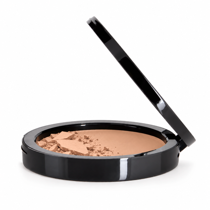 Teacup Cosmetics Dual Blend Powder Foundation shade #105, partially crushed pressed powder compact