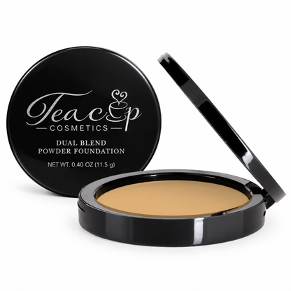 Teacup Cosmetics Dual Blend Powder Foundation shade #112, open and closed black compacts with silver branding
