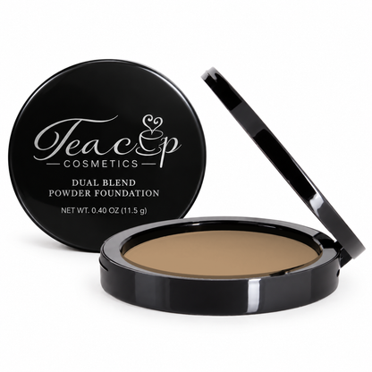 Teacup Cosmetics Dual Blend Powder Foundation shade #115, open and closed black compacts with silver branding