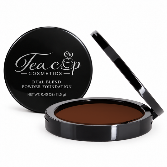 Teacup Cosmetics Dual Blend Powder Foundation shade #145, open and closed black compacts with silver branding