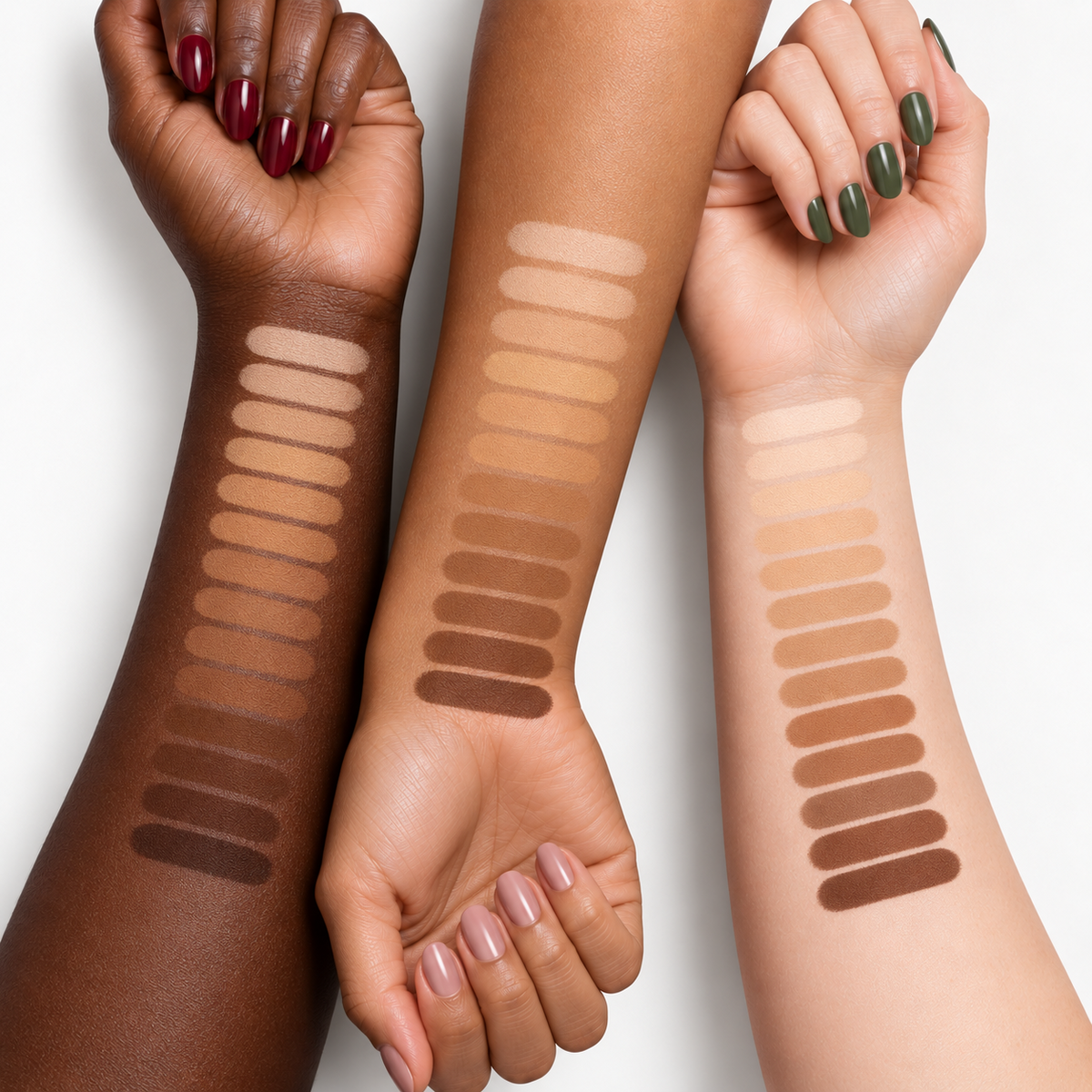 Teacup Cosmetics Dual Blend Powder Foundation shade swatches across dark, tan, and light skin tones