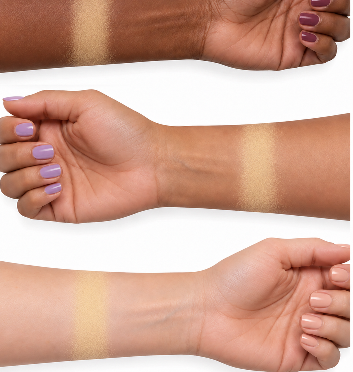 Finishing Veil Loose Powder shade 101 Yellow shown sheer on dark, tan, and light skin