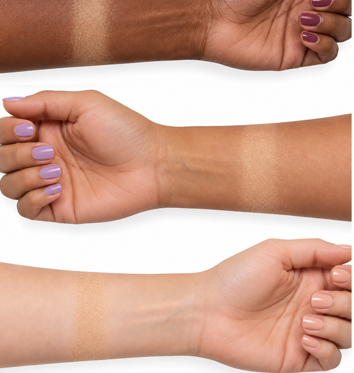 Finishing Veil Loose Powder shade 102 Medium shown sheer on dark, tan, and light skin
