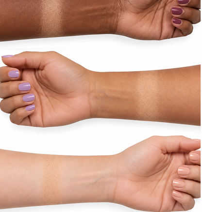 Finishing Veil Loose Powder shade 102 Medium shown sheer on dark, tan, and light skin