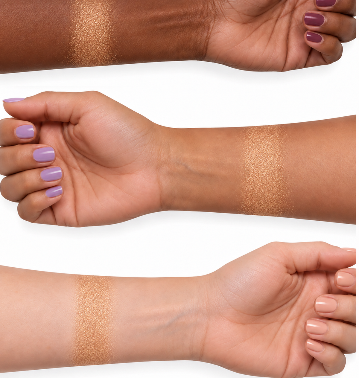 Finishing Veil Loose Powder shade 111 Golden Bronze shown sheer on dark, tan, and light skin