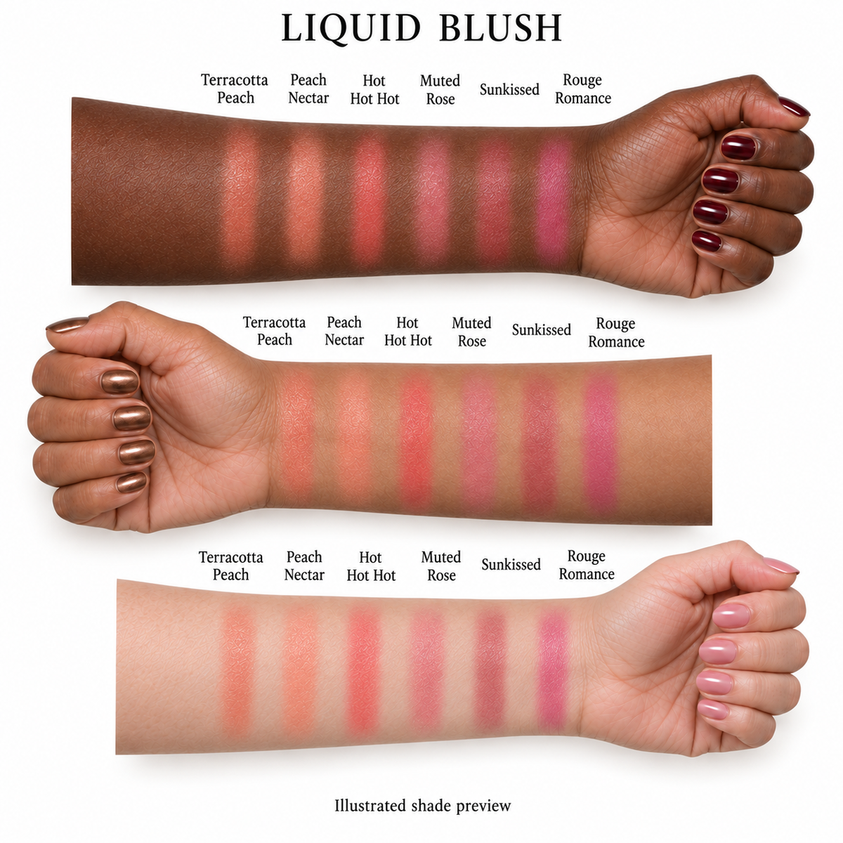 Liquid Blush illustrated sheer swatches of all six shades on dark, tan and light skin.