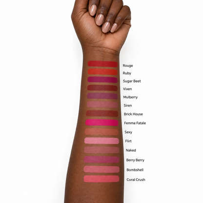 Teacup Cosmetics Liquid-to-Matte Lipstick arm swatches on deep skin tone, all 14 shades