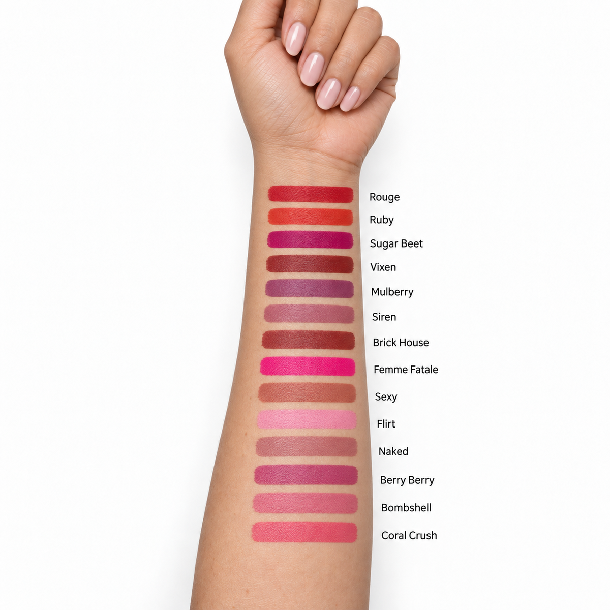 Teacup Cosmetics Liquid-to-Matte Lipstick arm swatches on light skin tone, all 14 shades