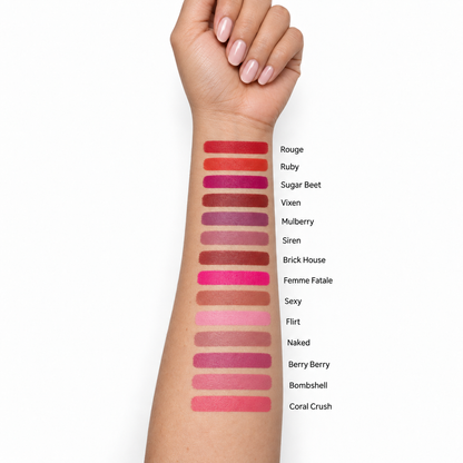 Teacup Cosmetics Liquid-to-Matte Lipstick arm swatches on light skin tone, all 14 shades