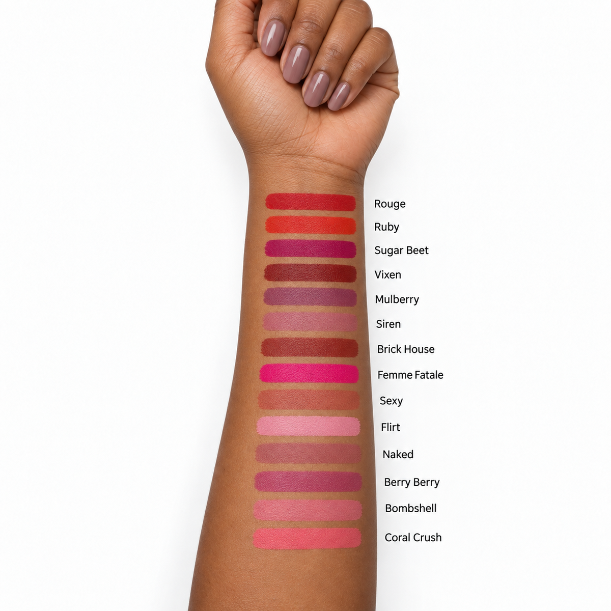 Teacup Cosmetics Liquid-to-Matte Lipstick arm swatches on tan skin tone, all 14 shades