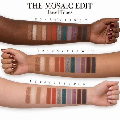 The Mosaic Edit Jewel Tones — all 12 eyeshadow shades on each of three skin tones