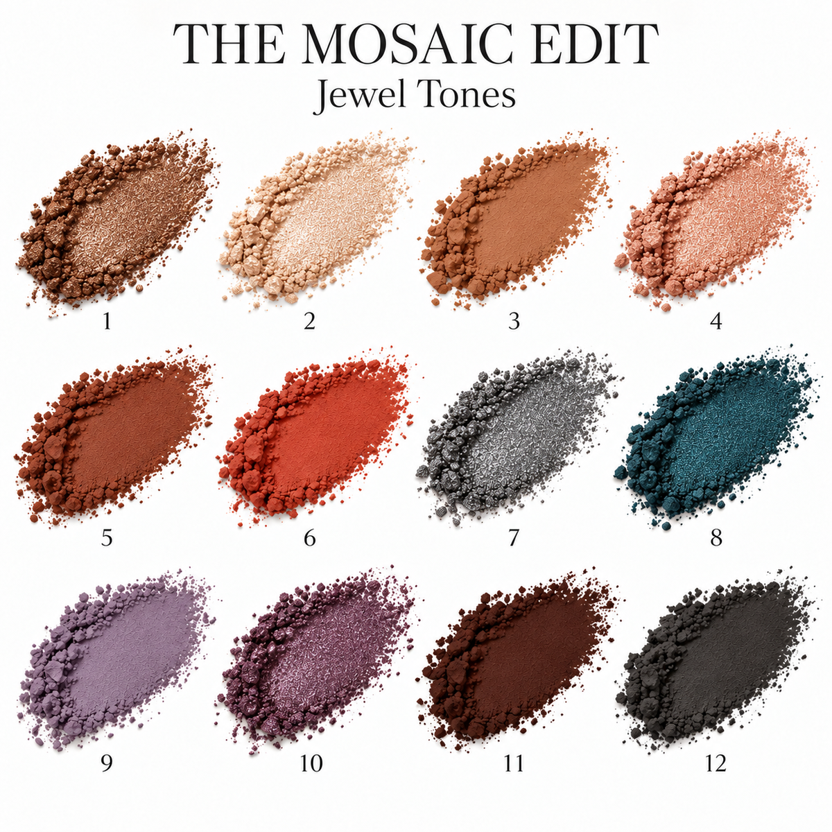 The Mosaic Edit Jewel Tones — 12 crushed-powder eyeshadow swipe swatches