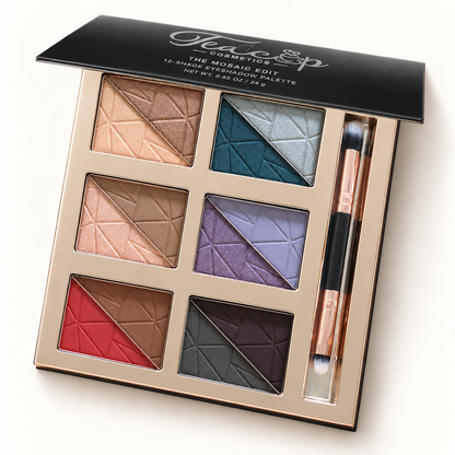 The Mosaic Edit Jewel Tones — open 12-shade palette with silver Teacup Cosmetics label