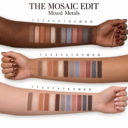 The Mosaic Edit Mixed Metals — all 12 eyeshadow shades on each of three skin tones