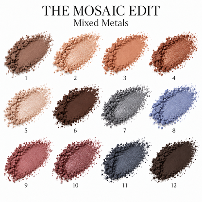 The Mosaic Edit Mixed Metals — 12 crushed-powder eyeshadow swipe swatches