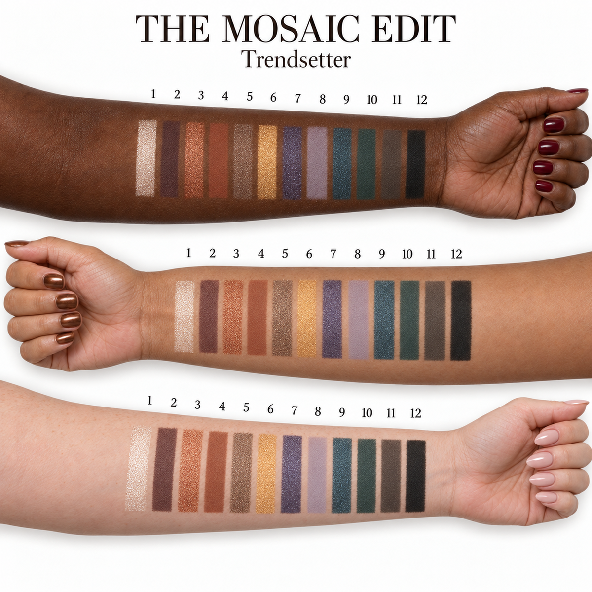 The Mosaic Edit Trendsetter — all 12 eyeshadow shades on each of three skin tones