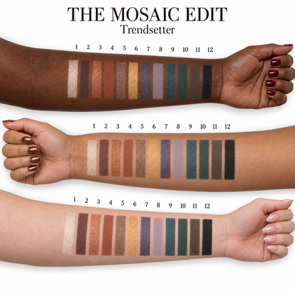The Mosaic Edit Trendsetter — all 12 eyeshadow shades on each of three skin tones