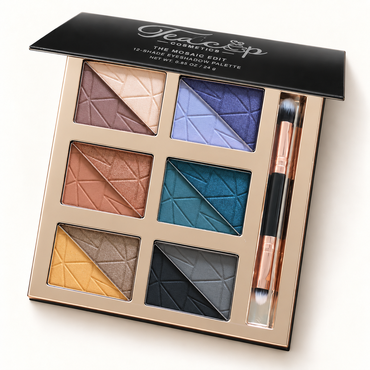 The Mosaic Edit Trendsetter — open 12-shade palette with silver Teacup Cosmetics label
