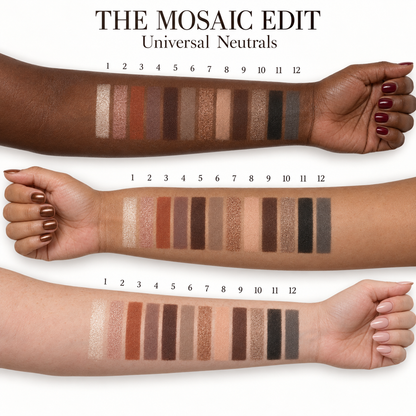 The Mosaic Edit Universal Neutrals — all 12 eyeshadow shades on each of three skin tones