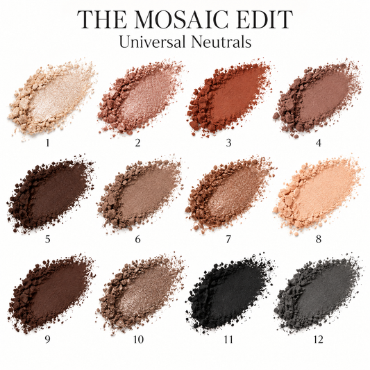 The Mosaic Edit Universal Neutrals — 12 crushed-powder eyeshadow swipe swatches