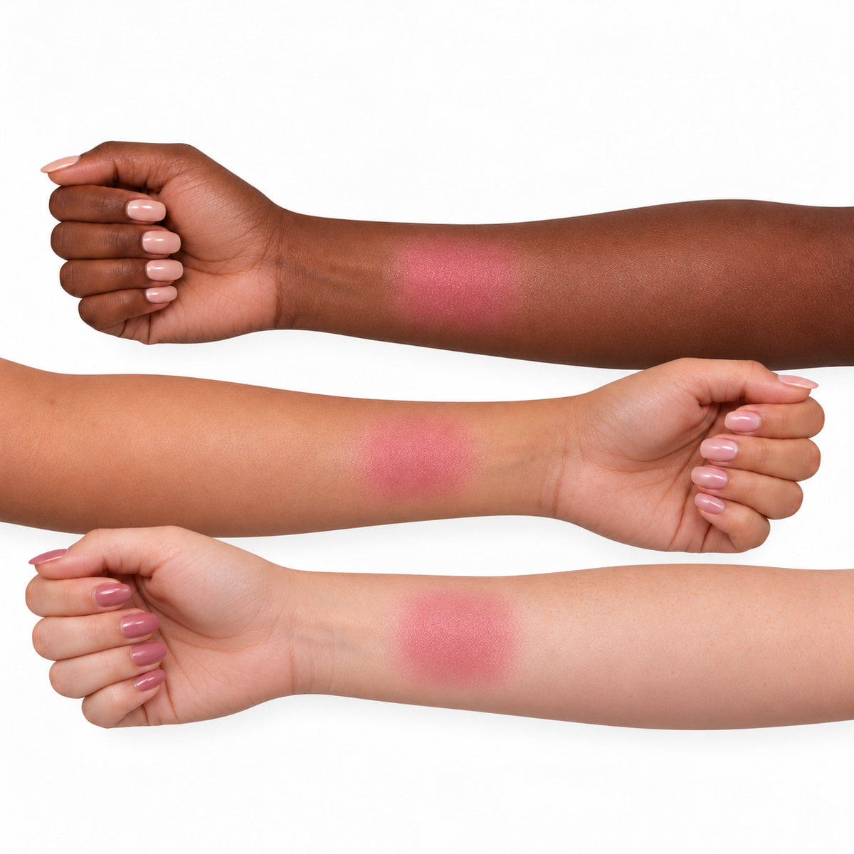 Petal Cream Color Stick in Cherry Blossom shown as a sheer blush-like swatch on deep, tan, and light skin tones.