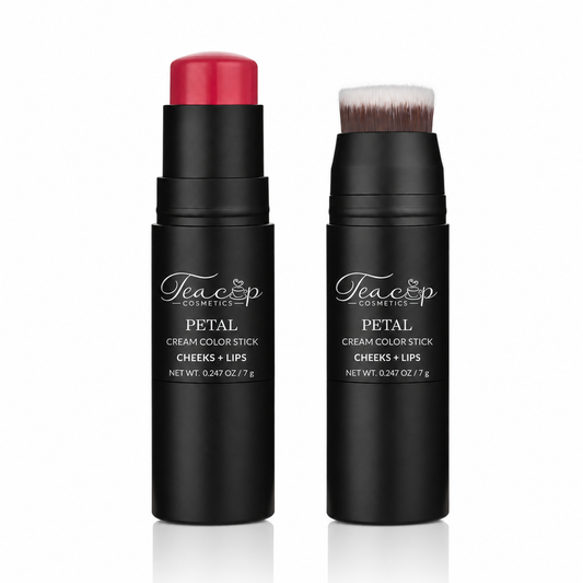 Petal Cream Color Stick in Cherry Blossom, showing cheek and lip color end and built-in blending brush.