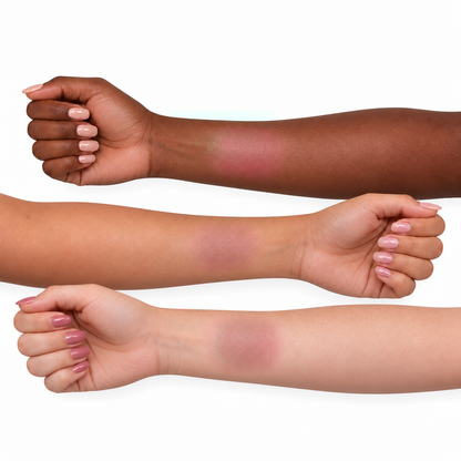 Petal Cream Color Stick in Tulip, swatched sheerly on deep, tan, and light skin tones.
