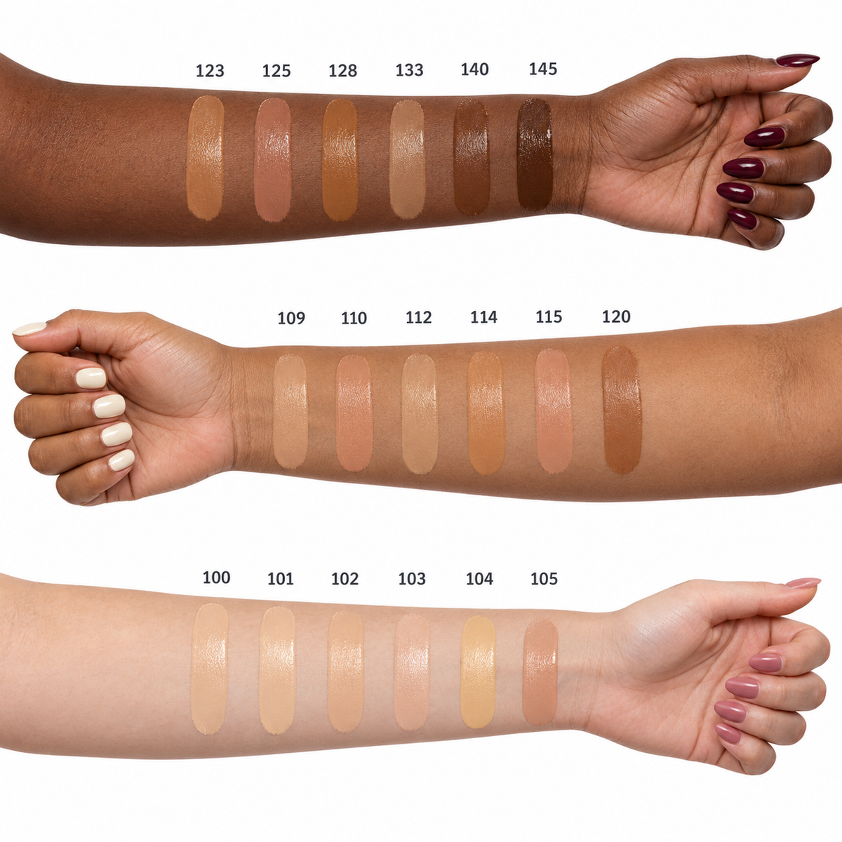 Radiant Satin Foundation: all 18 current shades on dark, tan and light skin
