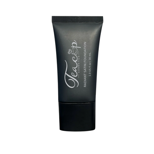 Teacup Cosmetics Radiant Satin Foundation, silver label on squeeze tube