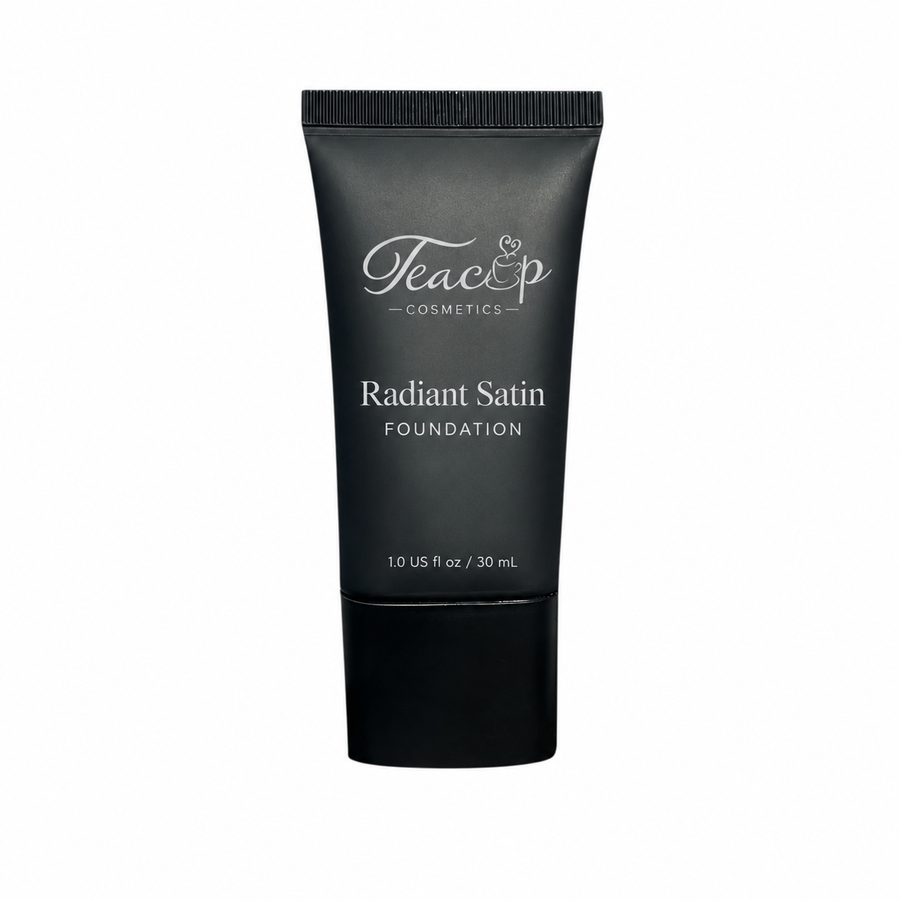 Teacup Cosmetics Radiant Satin Foundation, silver label on squeeze tube