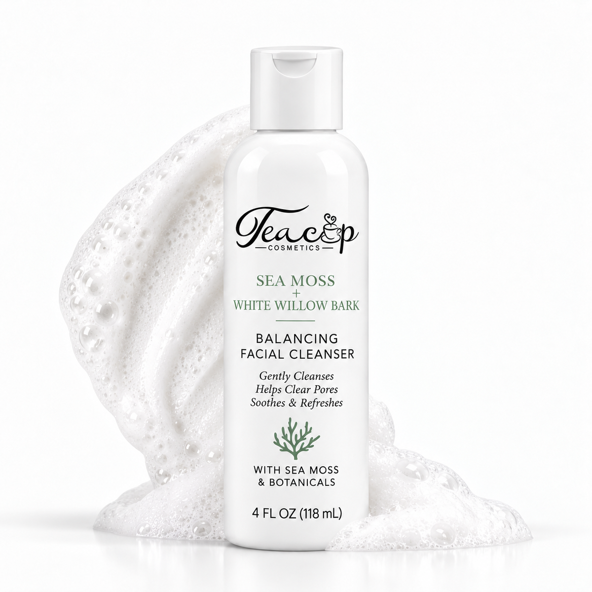 Teacup Cosmetics Sea Moss + White Willow Bark Balancing Facial Cleanser with cleansing foam